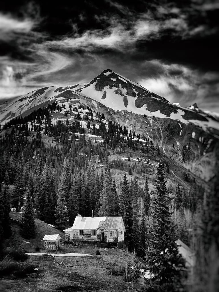 b&w photograph of old ghost town off the San Juan skyway, Colorado