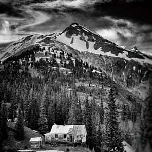 b&w photograph of old ghost town off the San Juan skyway, Colorado